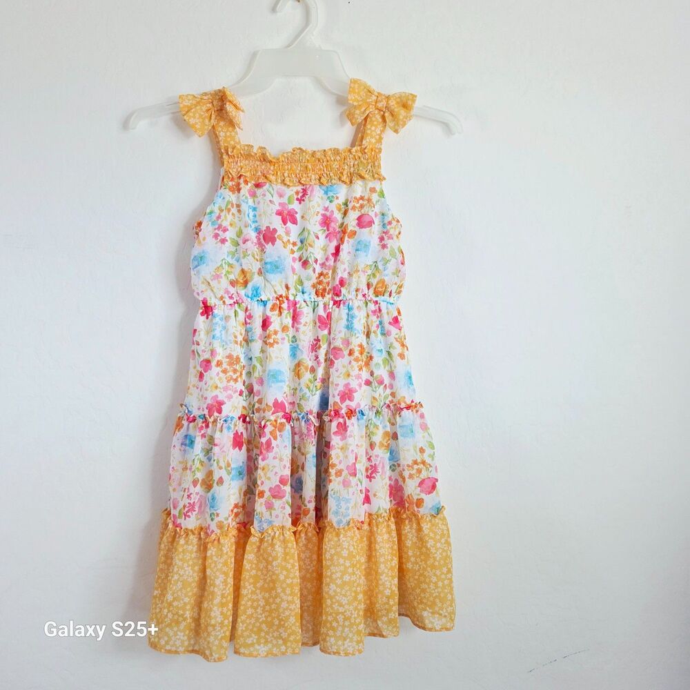 Jona Michelle Girls Yellow Floral Tiered Smocked Sundress Size 10